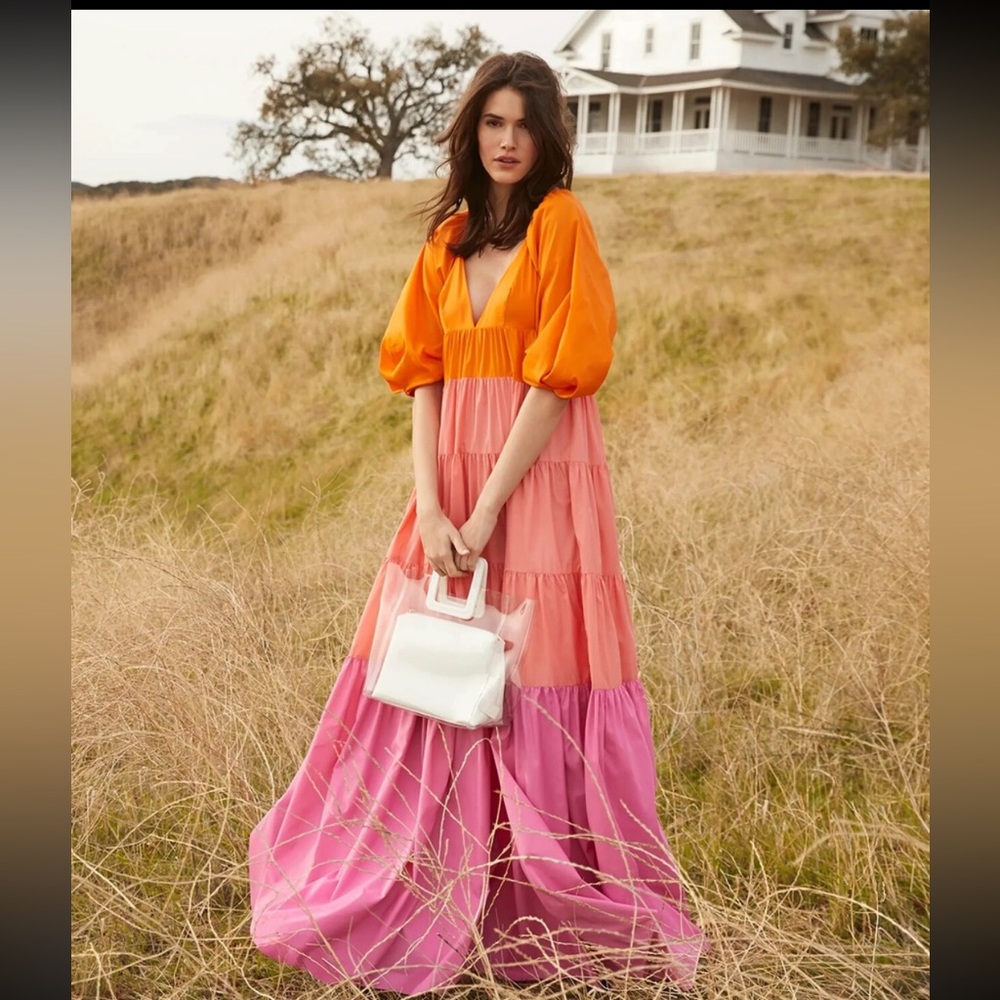 STAUD Meadow Colorblock Maxi Dress | Puff Sleeve Tiered Resort-Wear | Sunset